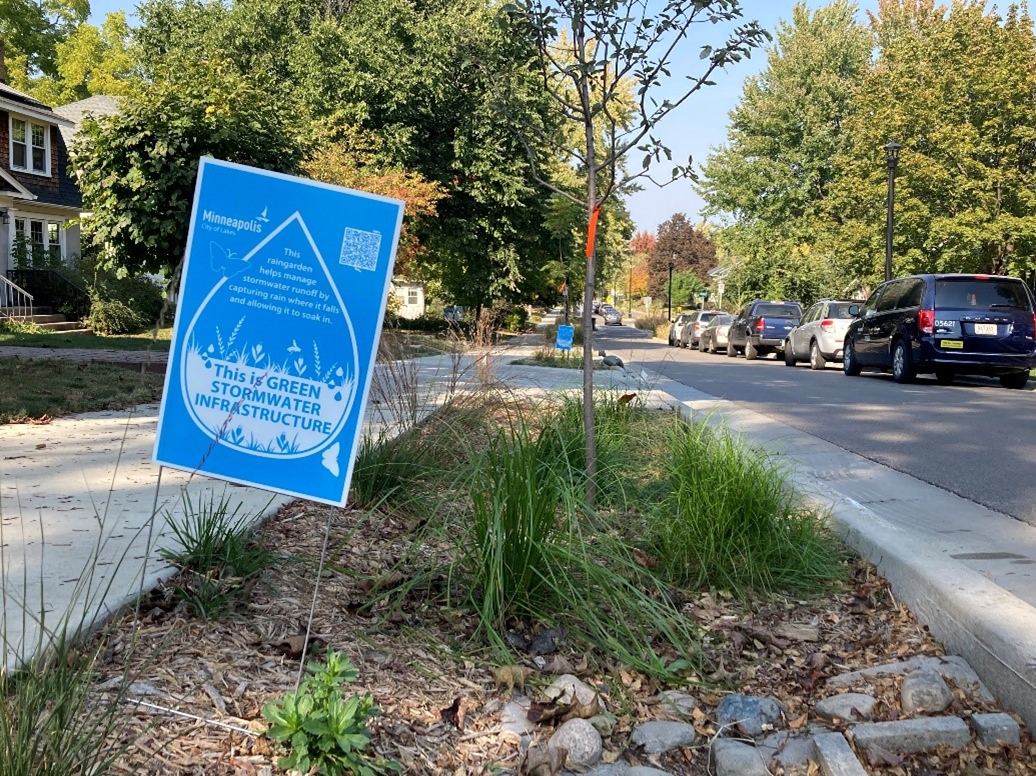 Green Infrastructure sign in a bioswale