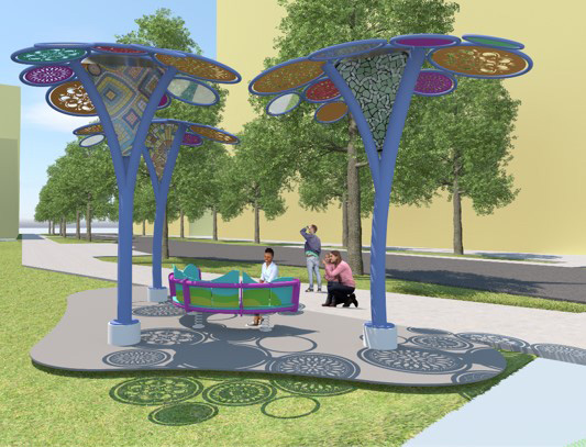 Artistic tree-like structures with circular, patterned canopies casting intricate shadows. A person sits on a round bench that is part of the artwork.