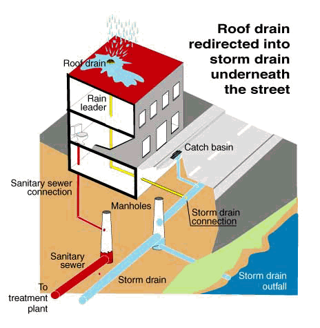 Roof drain redirected into storm drain underneath the street diagram