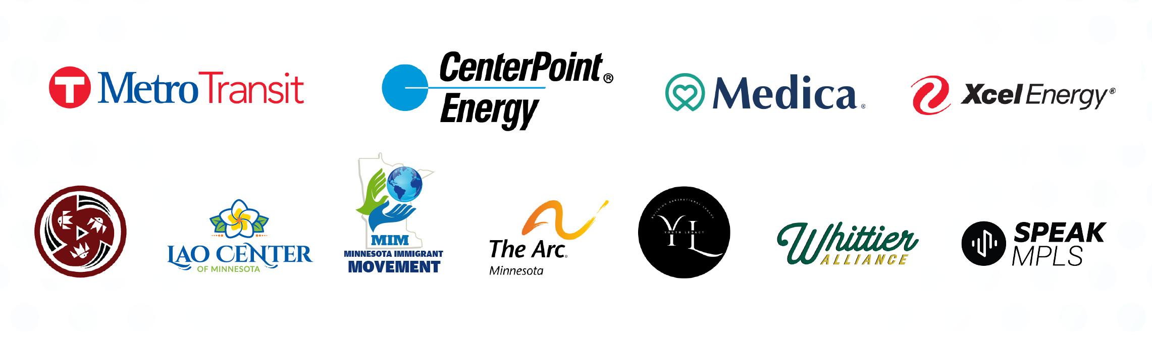 MetroTransit, CenterPoint Energy, Medica, Xcel, Minneapolis American Indian Center, Lao Center, MN Immigrant Movement, Arc MN, Youth Legacy, Whittier Alliance, Speak MPLS logo collage